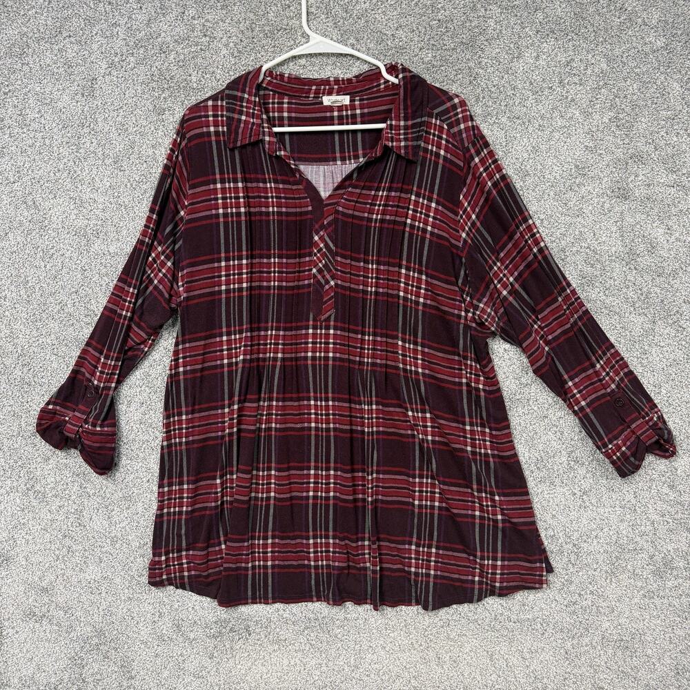 Westport Tunic Top Womens 2X Plus Red Plaid 3/4 Sleeve Boho Cabincore